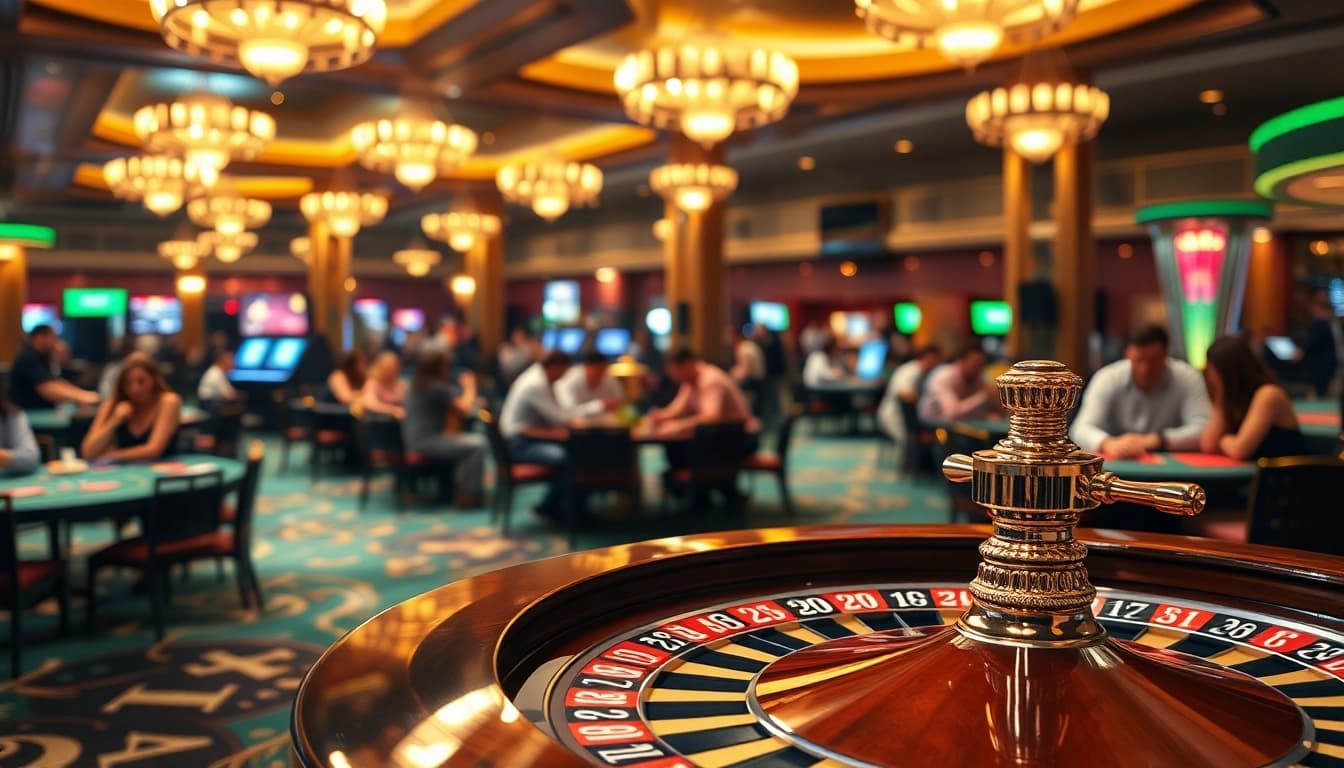 Ini adalah agen bola sbobet yang menampilkan suasana kasino yang hidup dengan meja roulette dan pemain yang aktif.