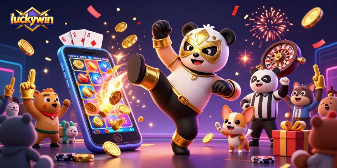 Experience thrilling action at luckywin with a lively panda kicking, surrounded by vibrant slot games and fun elements.