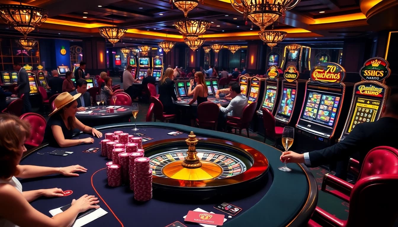 Players enjoying games at 789club, showcasing vibrant casino tables, poker chips, and an exciting atmosphere.