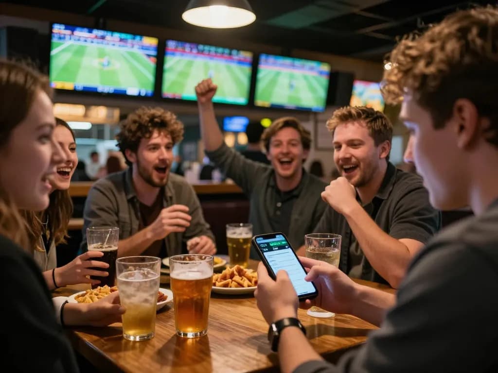 Fan analyzing ty le keo nha cai odds on smartphone at a bustling sports bar, friends celebrating the game