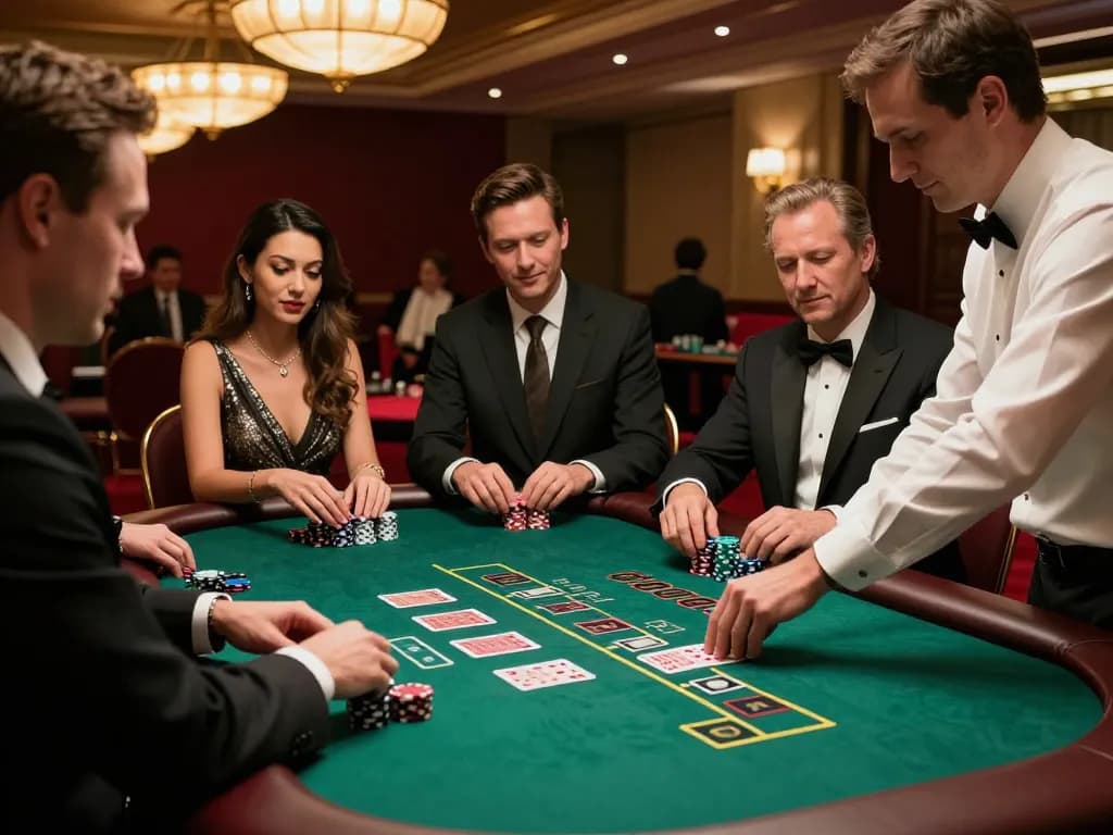Experience the excitement of iwin as players strategize at a blackjack table in a luxurious casino.