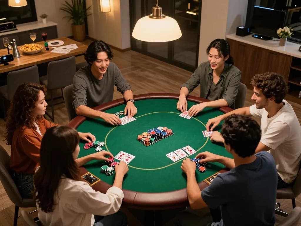 Friends enjoying a thrilling poker game night at home with Jun88 gaming access, showcasing excitement and camaraderie.