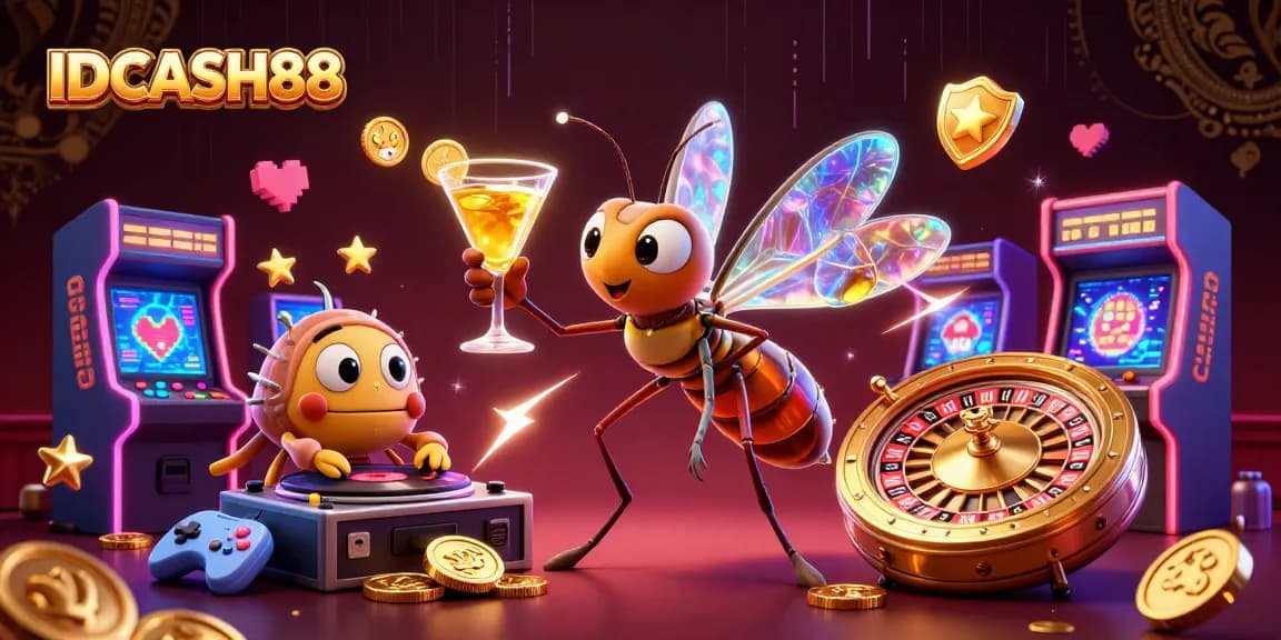 IDCASH88 brings excitement with a vibrant casino scene featuring unique characters in action.