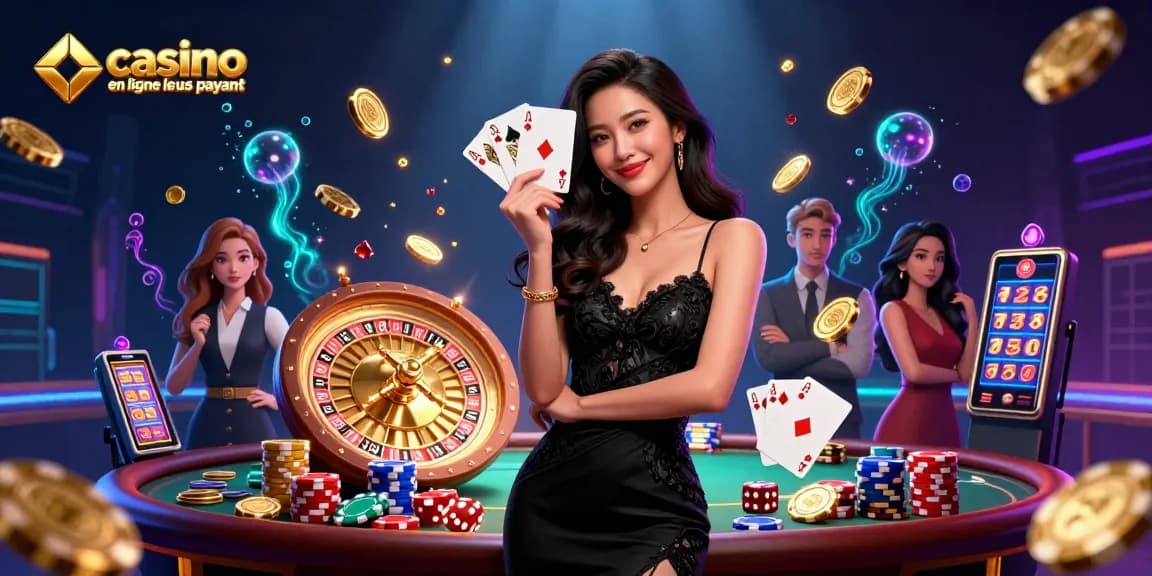 L'illustration met en avant le thème du casino en ligne le plus payant, présentant une élégante femme asiatique avec des cartes à jouer dans un environnement de casino somptueux et dynamique.