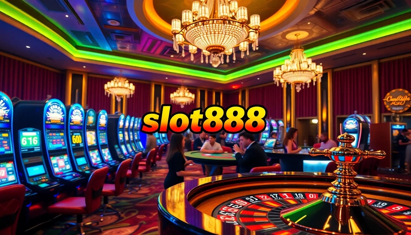 Players engage with slot888 machines in a vibrant casino atmosphere, filled with excitement and luxury.