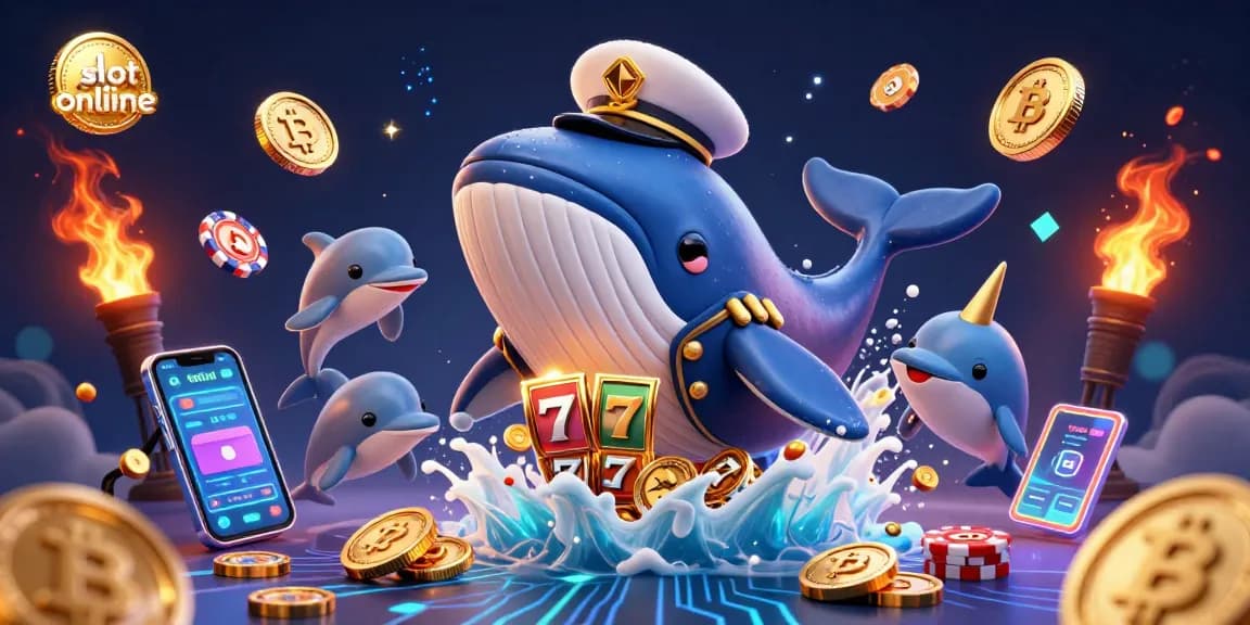Experience the thrill of slot online with an enchanting scene of a whale and friends amidst crypto coins and jackpots.