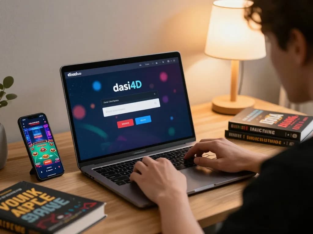 Terlibat dalam sesi login dasi4d di rumah dengan laptop dan permainan dealer langsung.
