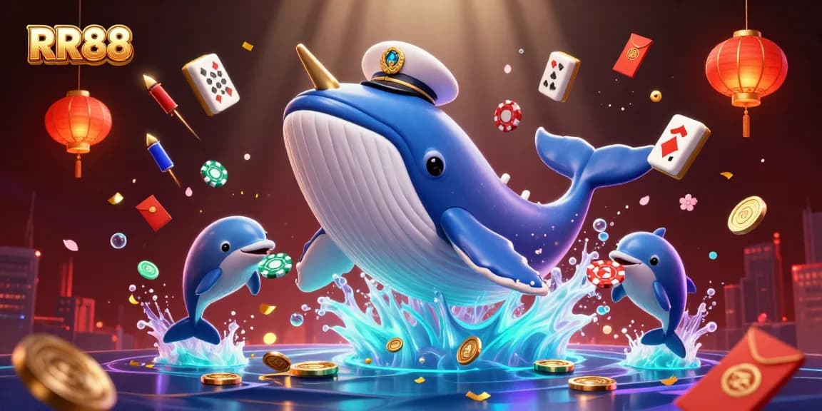 Experience thrilling gameplay at RR88 with a vibrant scene featuring playful dolphins and a giant whale in a sea of gold.