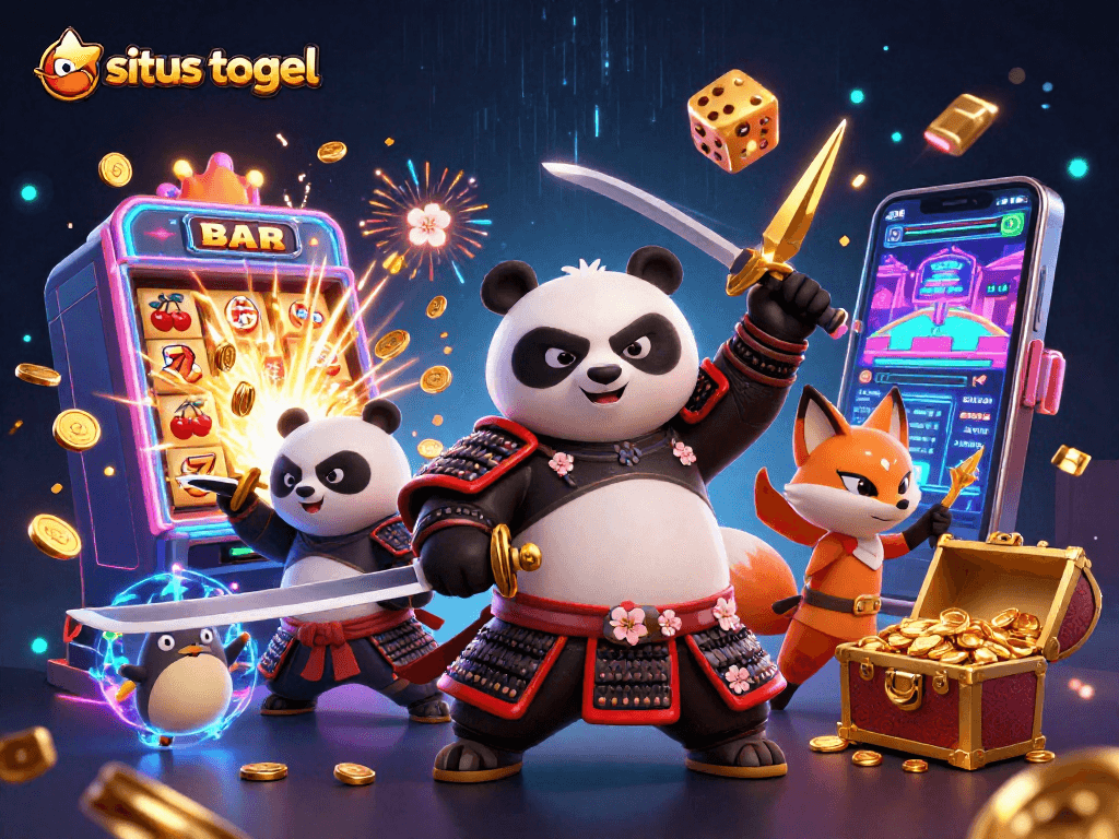 Experience the excitement of situs togel with a dynamic 3D illustration featuring a samurai panda and casino elements.