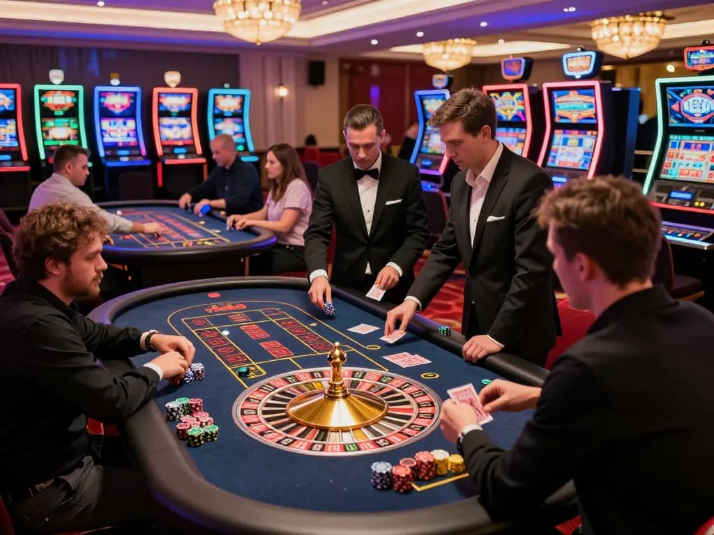 Players engaging at roulette tables with MM88 excitement in a vibrant casino atmosphere.