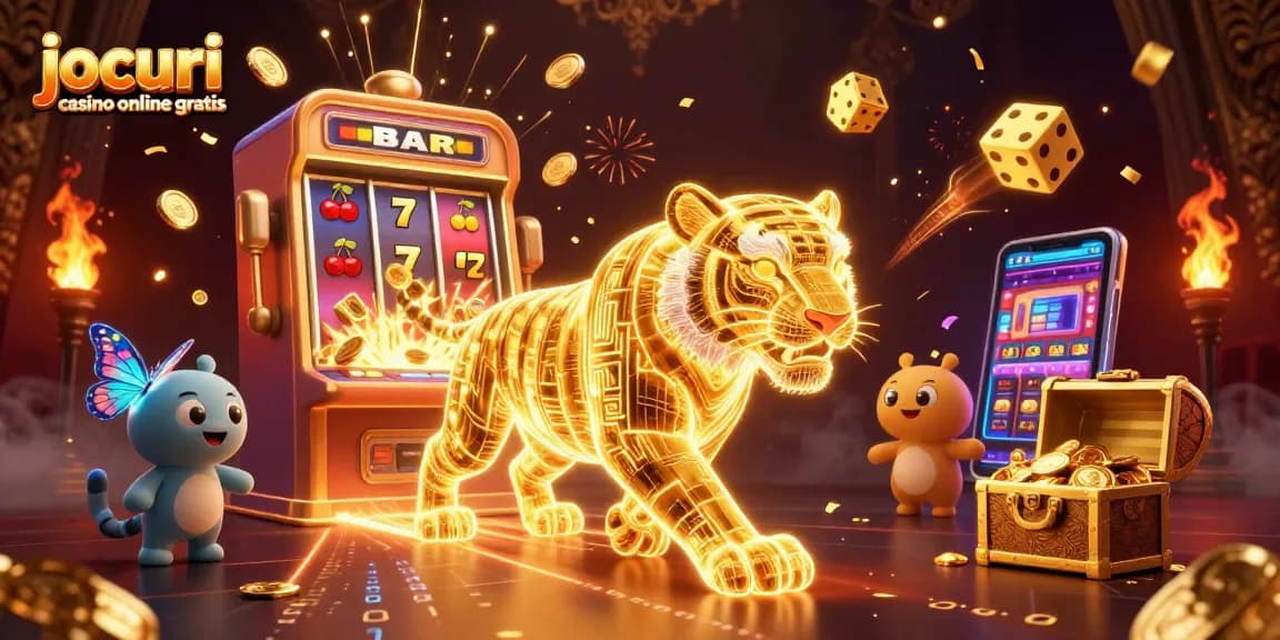 Joacă jocuri casino online gratis cu un tigru de aur strălucitor și multe simboluri de jackpot.