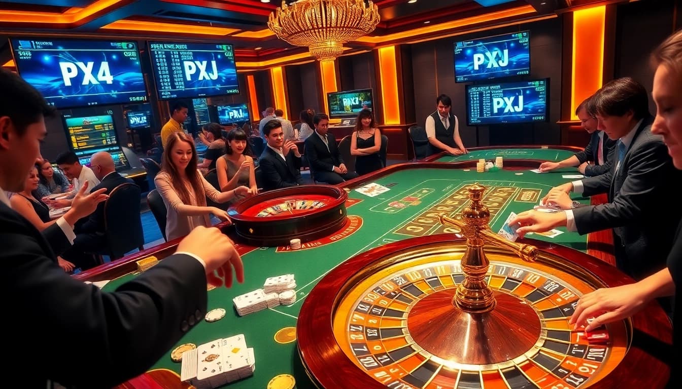 Players engaged in high-stakes gaming at an elegant casino table featuring PXJ elements and vibrant poker chips.