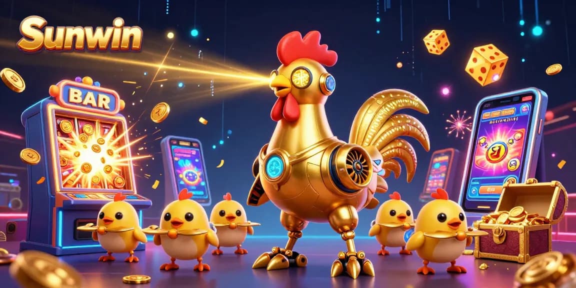 Win big at Sunwin with a vibrant 3D casino scene featuring a golden rooster robot and slot machines bursting with rewards.