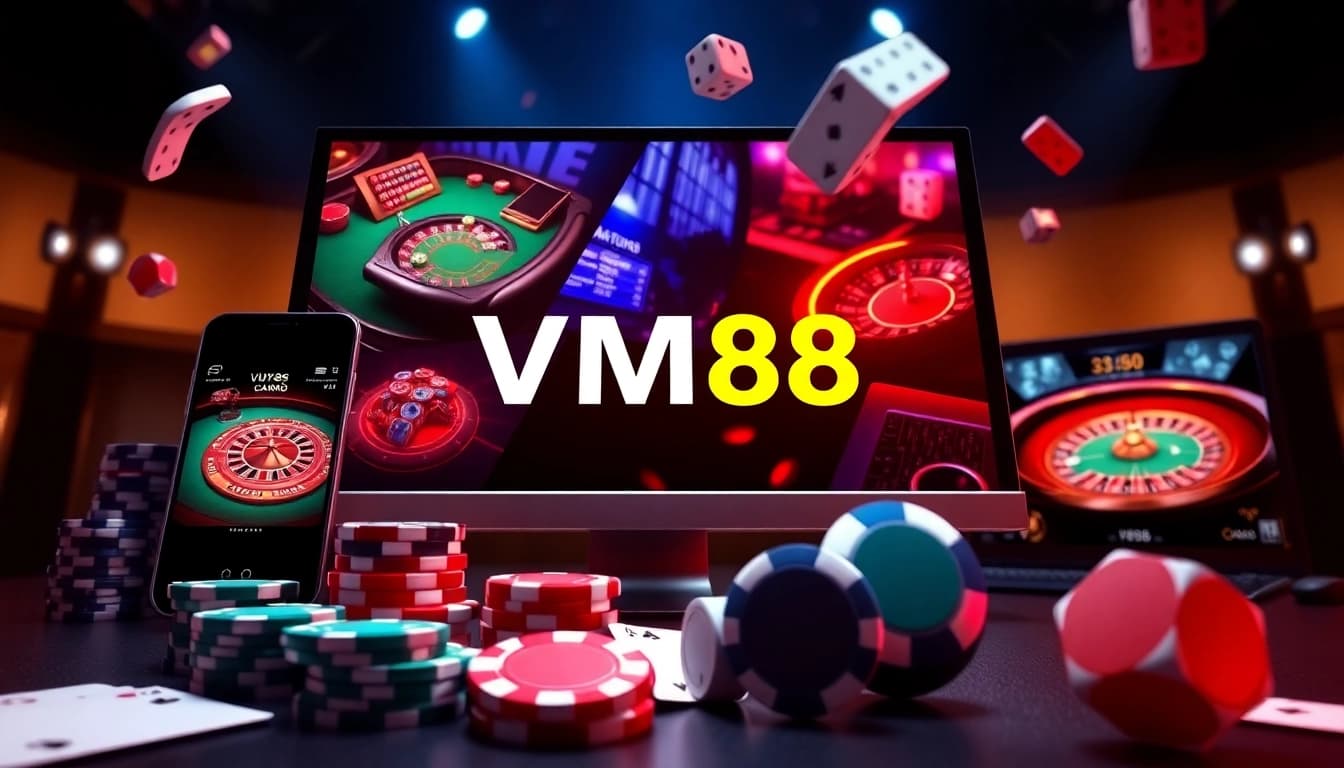 Engaging VM88 online casino screen displaying competitive betting odds and professional poker gameplay with vibrant chips