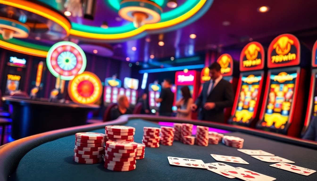 Join the excitement at 789win while playing at a luxurious casino table with bright poker chips.