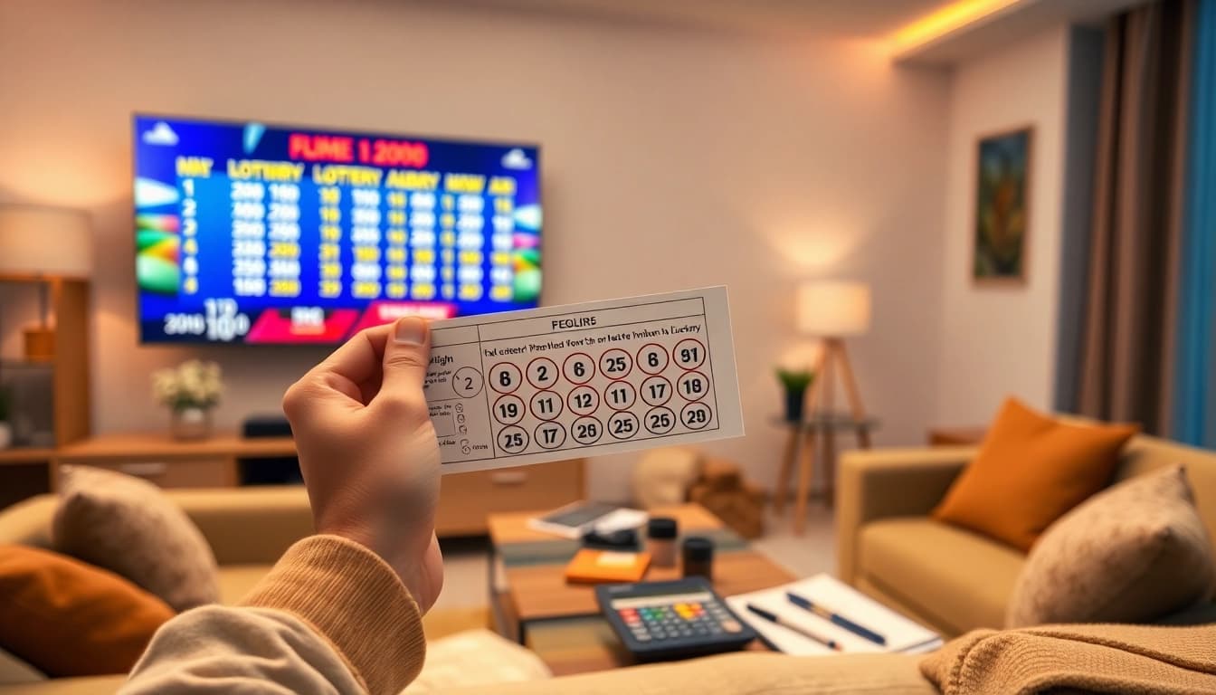 Excited lottery player checking Song thủ lô results with vibrant colors in a cozy living room.
