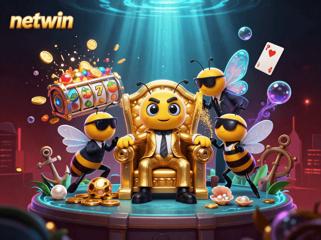 Experience thrilling gameplay with Netwin's vibrant casino atmosphere featuring slot reels and golden treasures.