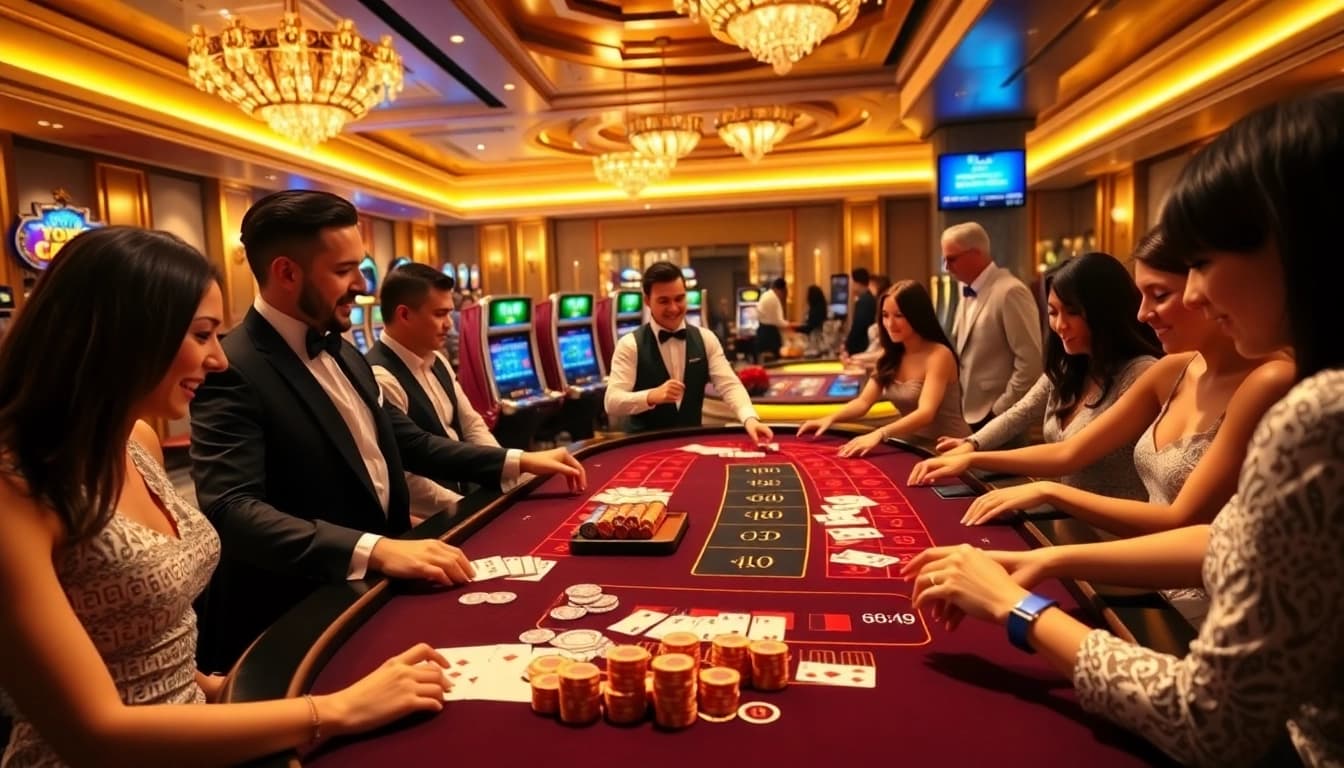 Engage in thrilling baccarat action at https://xx88.us/ with players placing bets at a luxury casino table.