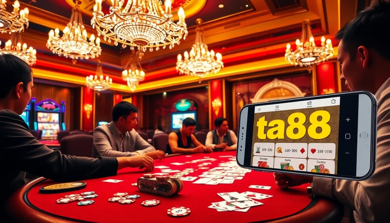 Players enjoying a thrilling poker game with the ta88 app interface visible, highlighting luxury in gambling.