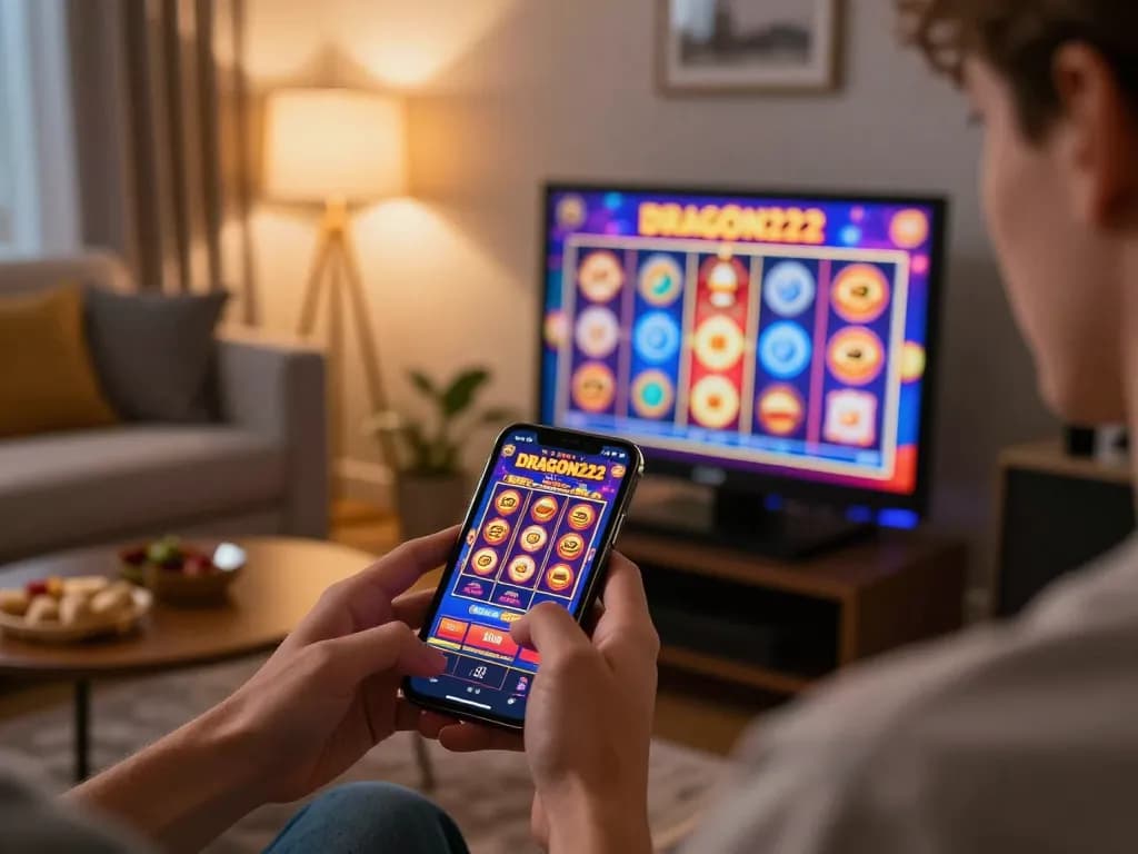 Player winning on the DRAGON222 slot app while relaxing at home on a smartphone.