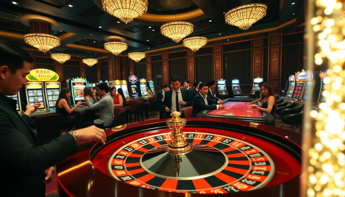 RR88 players enjoy a vibrant casino atmosphere with roulette, chips, and excitement.