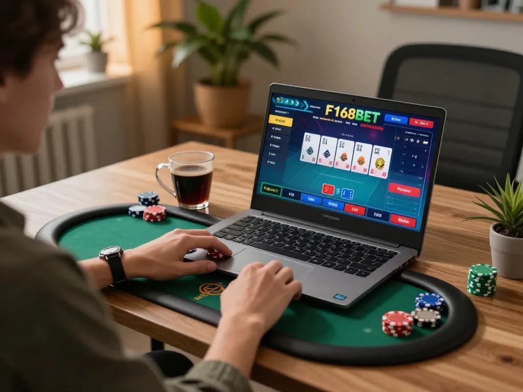 Engaging gameplay experience at F168BET online casino, showcasing vibrant poker action on a laptop