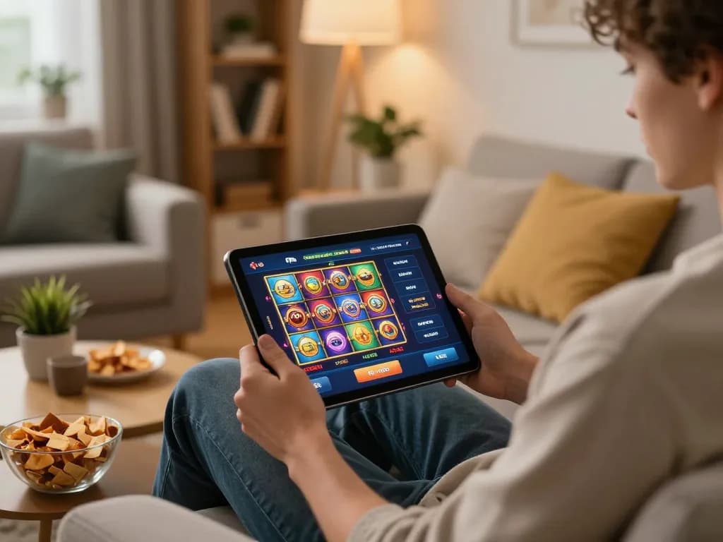 Engaging with the f168 mobile casino app in a cozy home setting with vibrant slot machines.