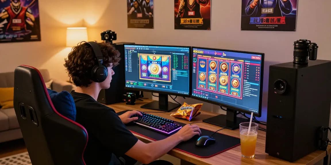 Player engaged in online gaming on cika4d link, showcasing vibrant slot games and gaming setup.
