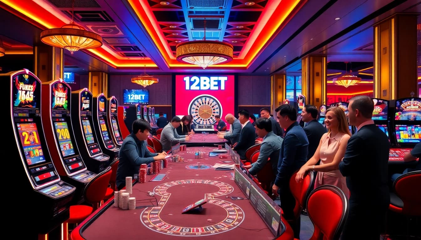 Players enjoying thrilling games at 12BET casino, highlighting excitement and camaraderie.