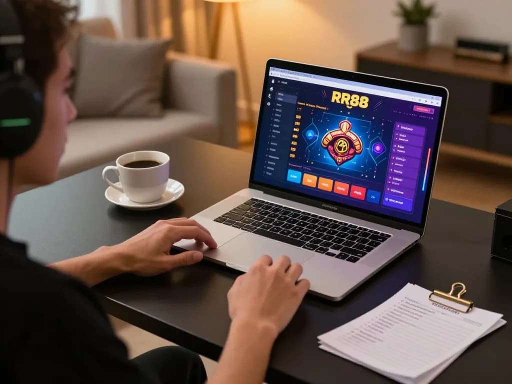 Player engaging in online gaming at https://rr88co.net/ with laptop and betting notes.