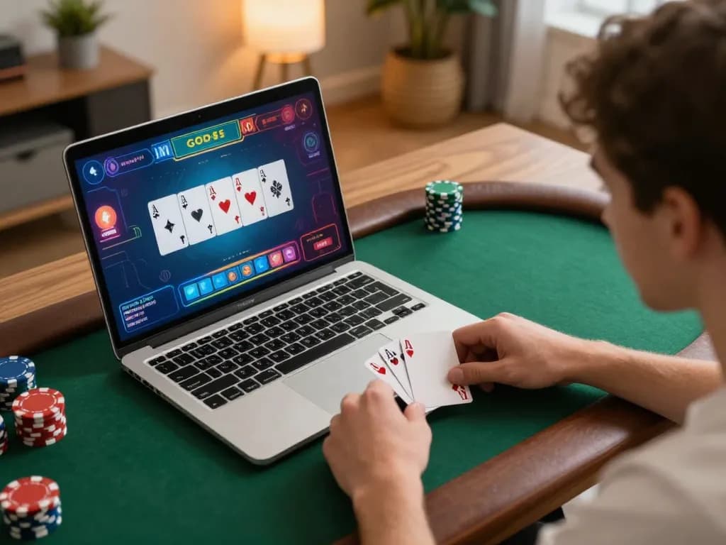 Player enjoying dynamic poker game interface on God55 platform from cozy home environment
