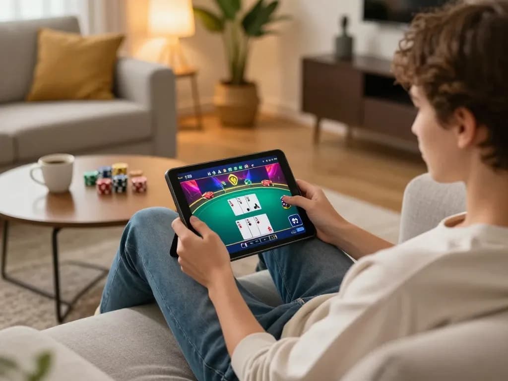 Player enjoying an exciting poker game on tablet at home, showcasing xo88 for responsible gambling.