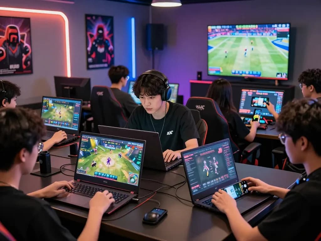 Users engaging with KJC online entertainment platform, gaming and streaming on various devices.