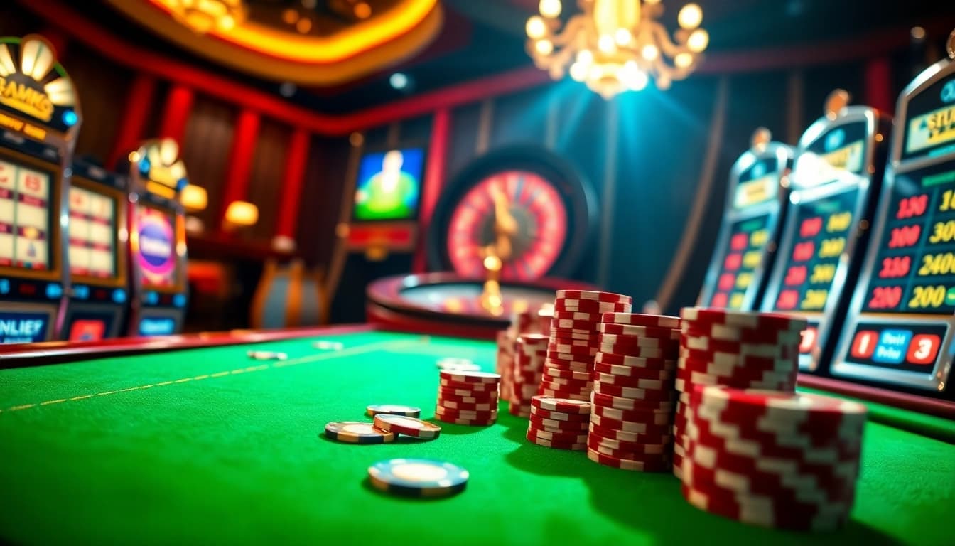 Engage with HM88's vibrant online gambling scene featuring casino tables and slot machines.