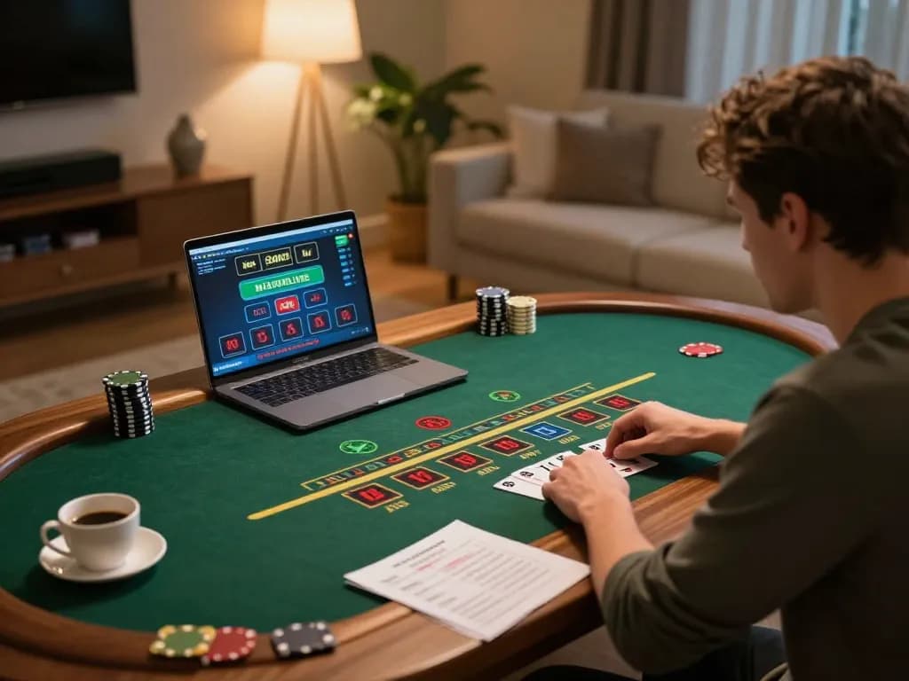 Player enjoying cm88 live dealer blackjack game from home with strategy notes