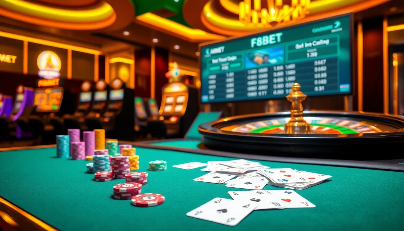 F8BET offers an exciting online casino experience with vibrant poker chips and a roulette wheel.