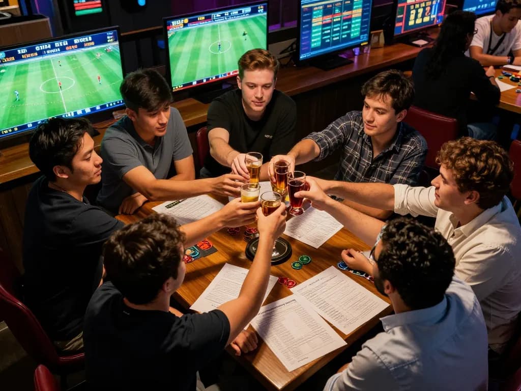 Engaged friends at a sports bar celebrating their successful soi kèo bets while analyzing game strategies.