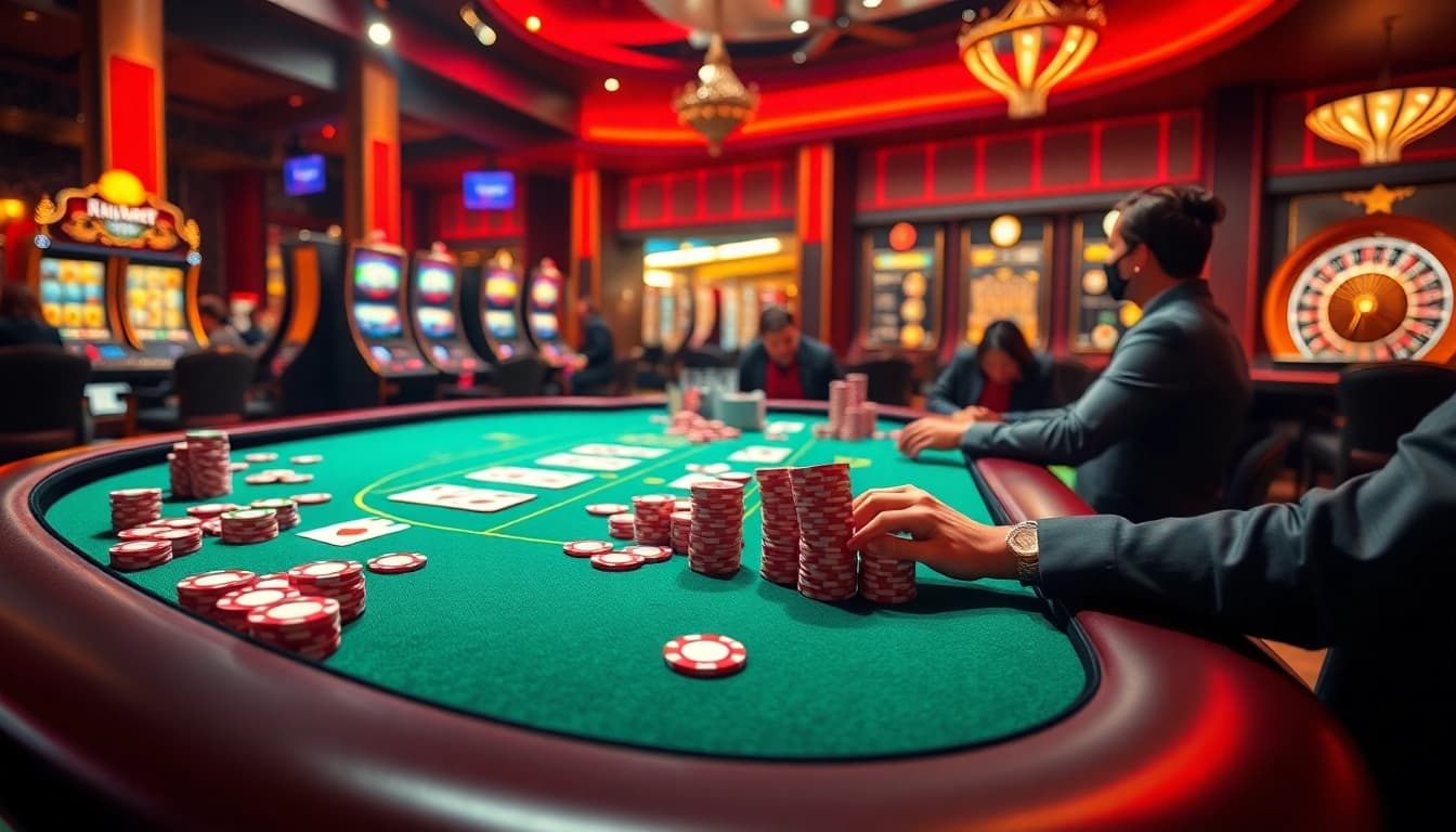 Experience the thrill of SHBET as players engage at a luxurious casino table surrounded by vibrant gambling elements.