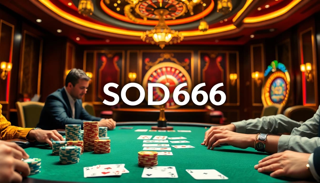 SODO66 poker table with players and vibrant slot machine in a luxurious casino atmosphere.