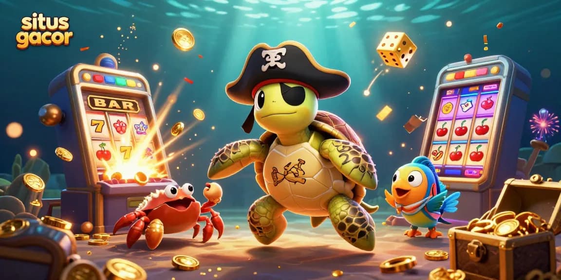 Slots and treasures come alive in situs gacor with an adventurous 3D pirate turtle and friends.