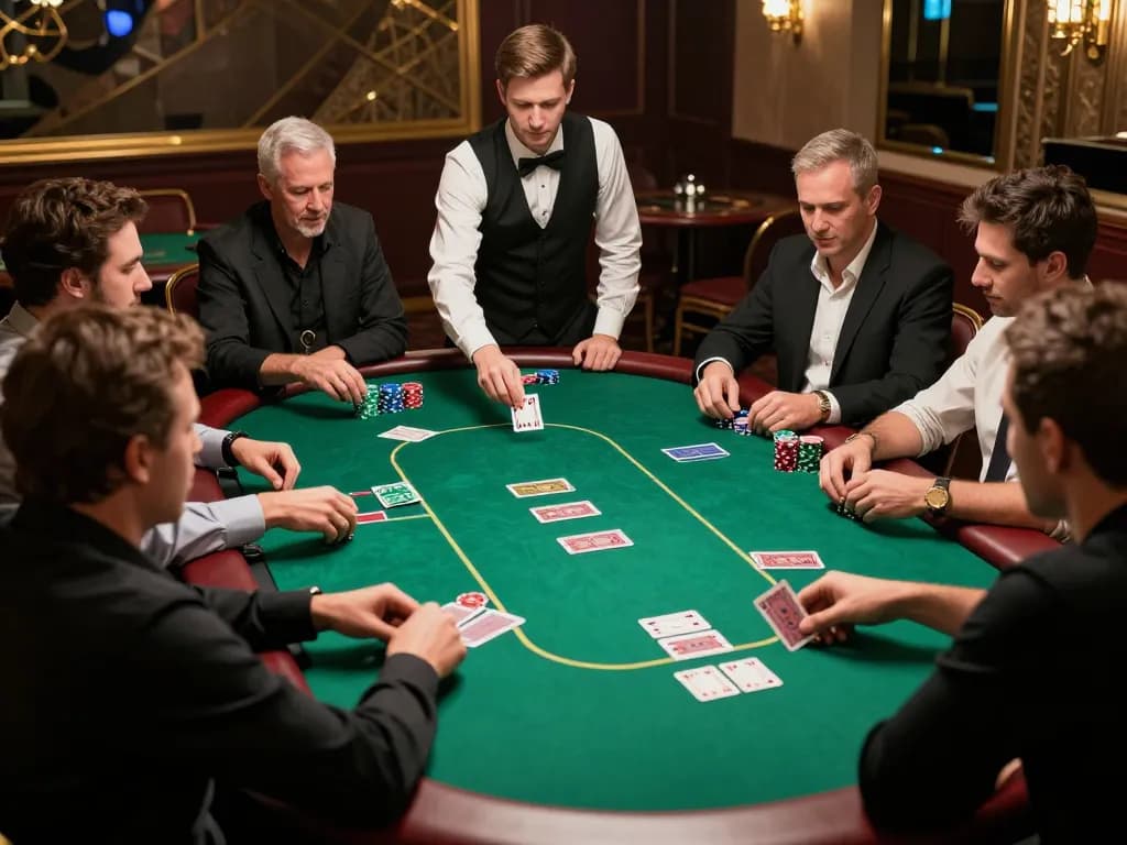 Pemain BJO88 yang terfokus dalam pengambilan keputusan strategis di meja poker taruhan tinggi di kasino mewah.