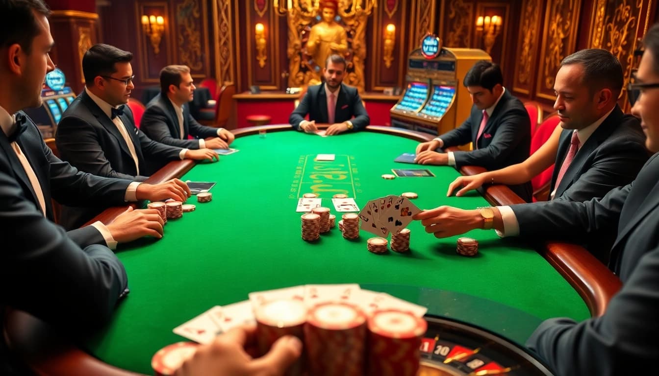 Exciting poker game at https://hbbet5.art/ with vibrant chips, cards, and roulette highlighting professional gambling.