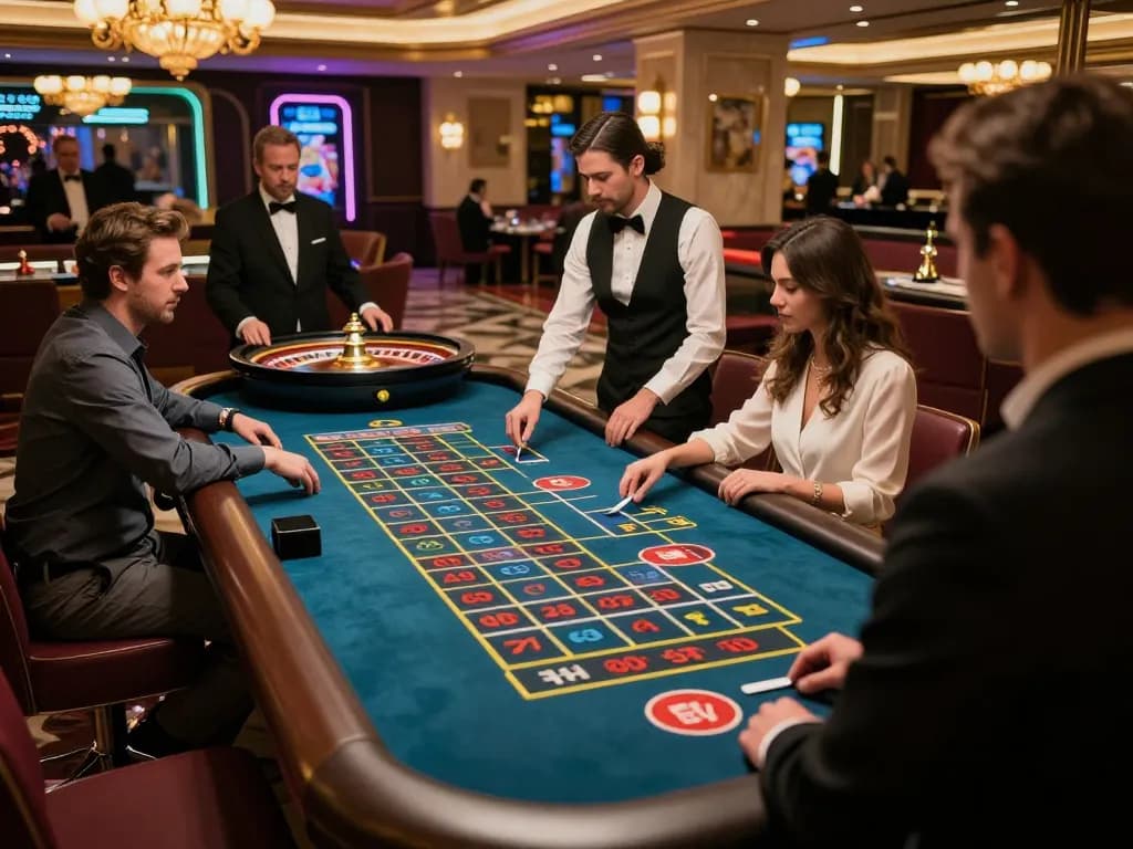 FC88 players engaging at roulette table, vibrant casino atmosphere with exciting bets.
