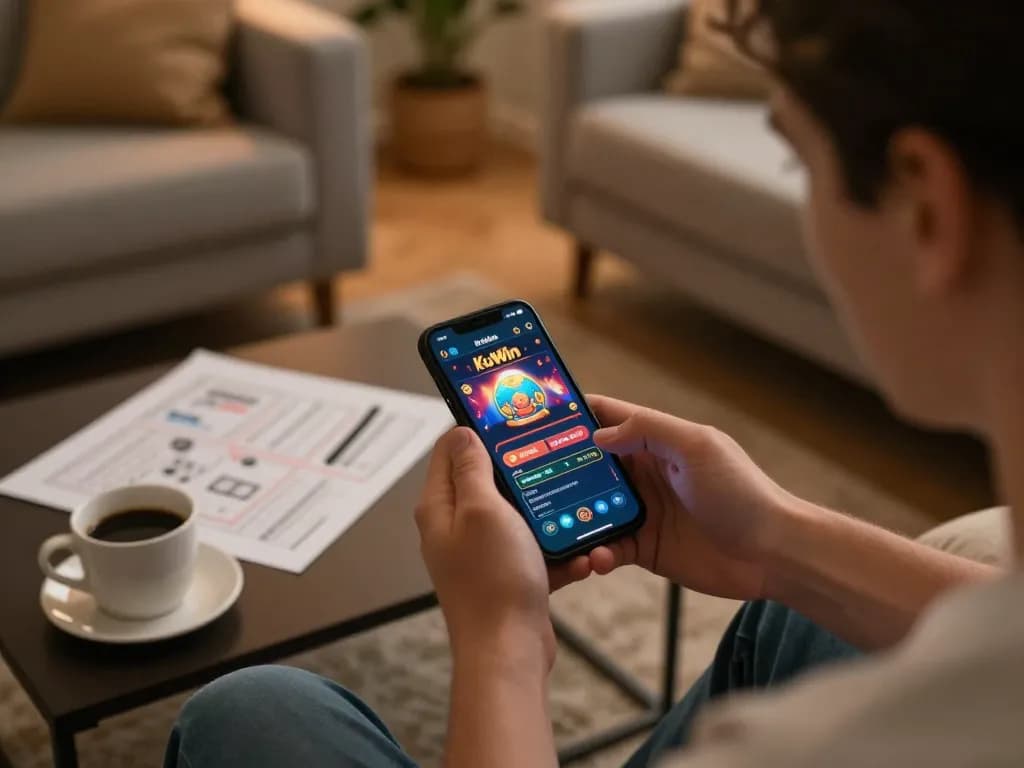 Player engaging in online KuWin casino gaming on smartphone in cozy living room atmosphere