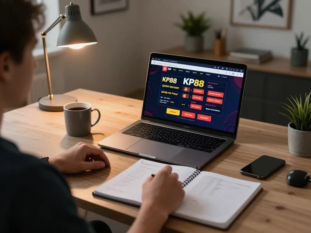 Engaging online gambling with KP88 interface on laptop and strategic notes visible.