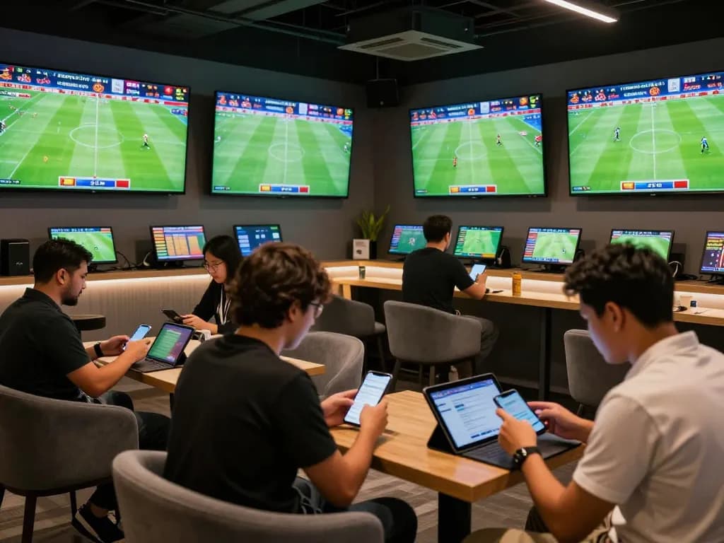 Experience sbobet88 sports betting excitement as bettors engage with live match screens.