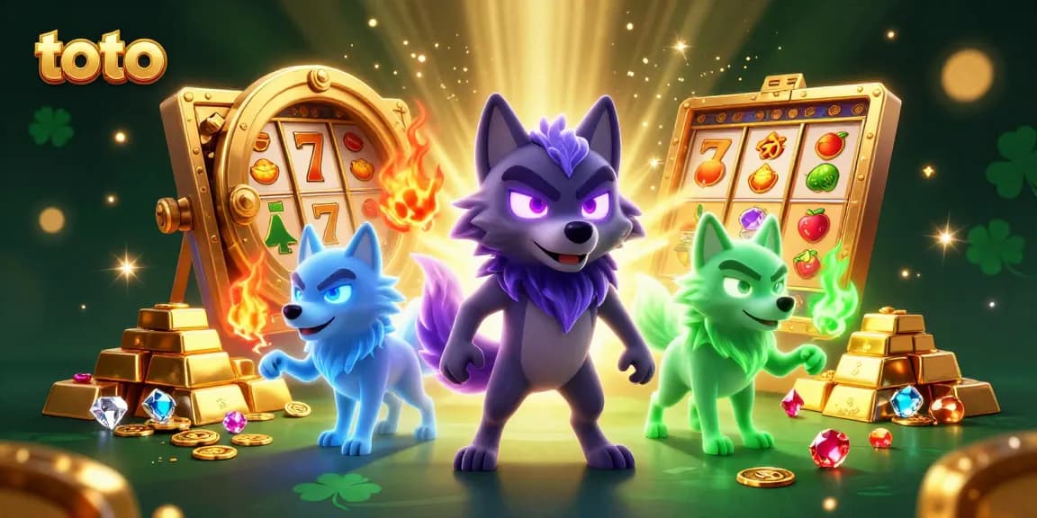 Engage in thrilling toto gaming with captivating slot reels and vibrant ghostly wolves.