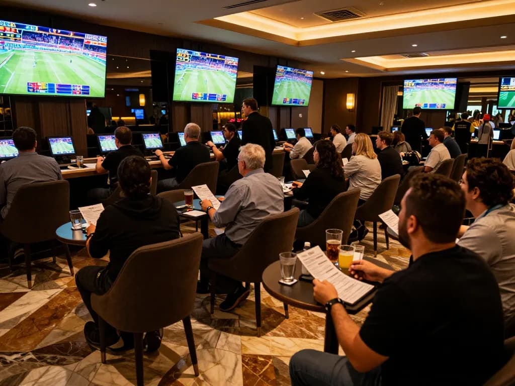 Action-packed moment at nhà cái 8xbet sports betting venue with excited bettors reviewing odds