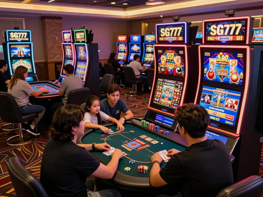 Players experiencing the excitement of gaming at SG777 online casino with dynamic digital displays