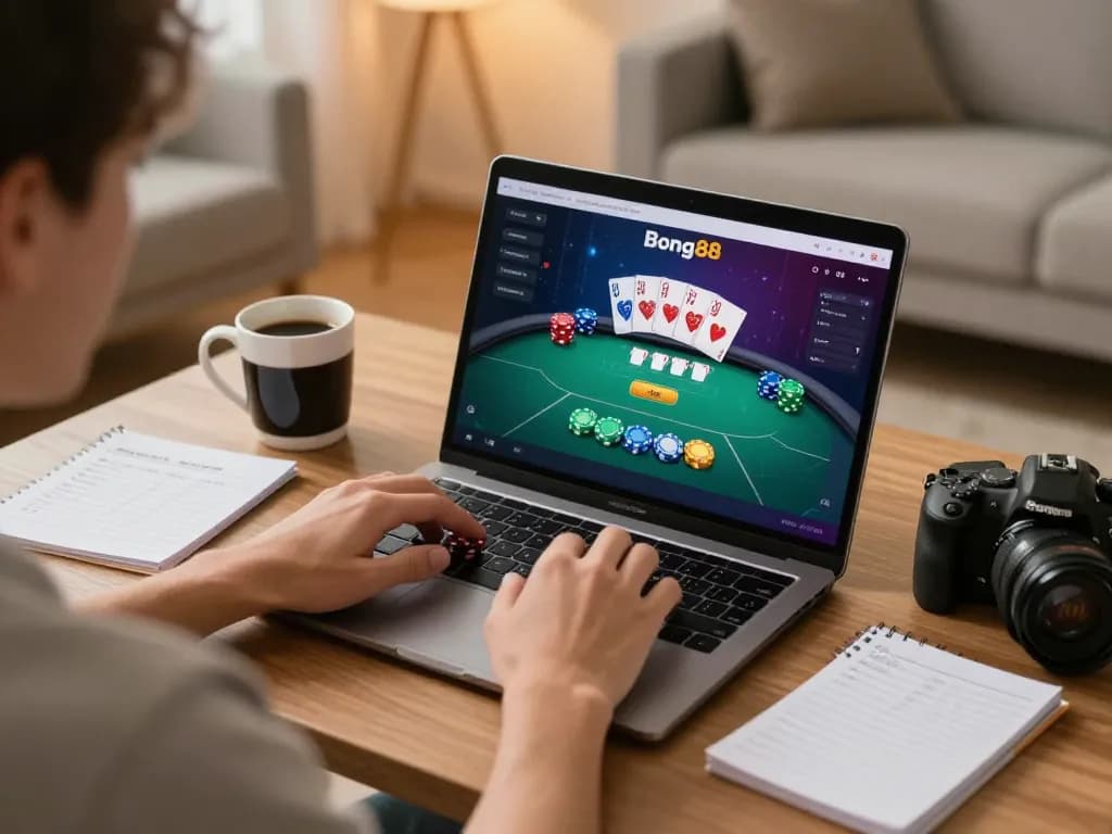 Bong88 player engaging in online gaming, showcasing poker interface and cozy home environment.